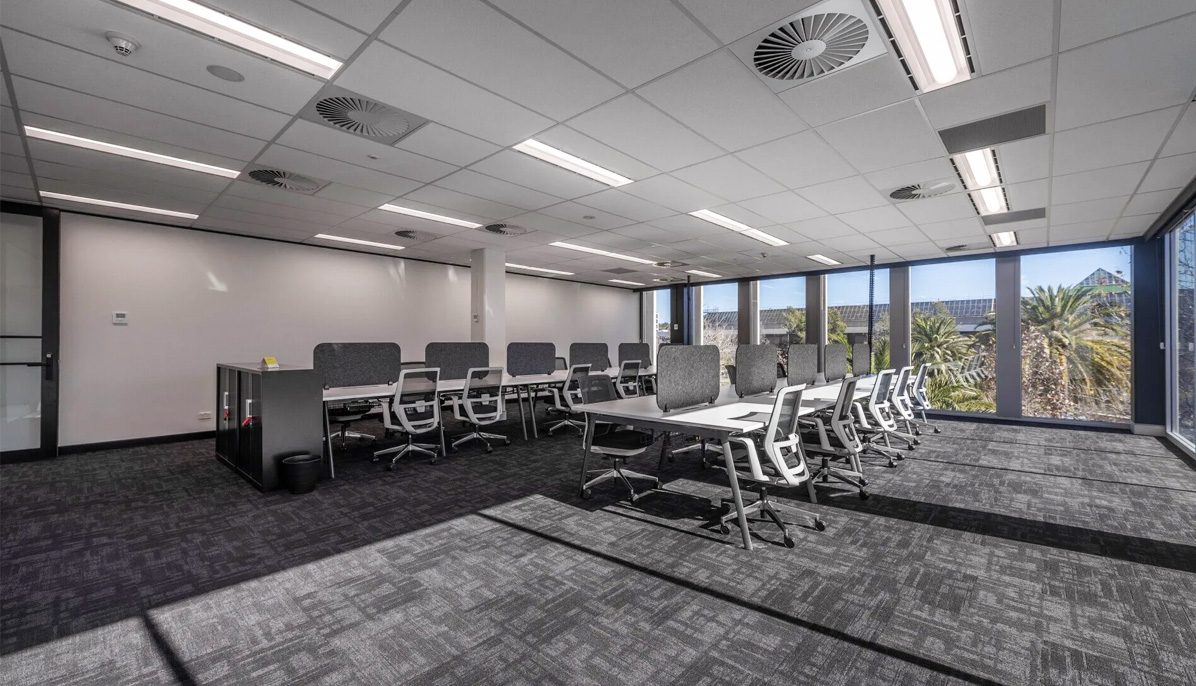 Modern coworking space with natural light and greenery